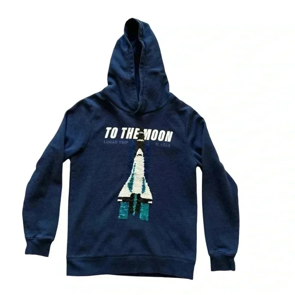 H&M Navy Hooded Long Sleeves Reversible Sequence Shuttle Ship Soft SZ 8-10 #2232
